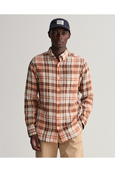 Gant Erkek Turuncu Regular Fit Kareli Keten Gömlek