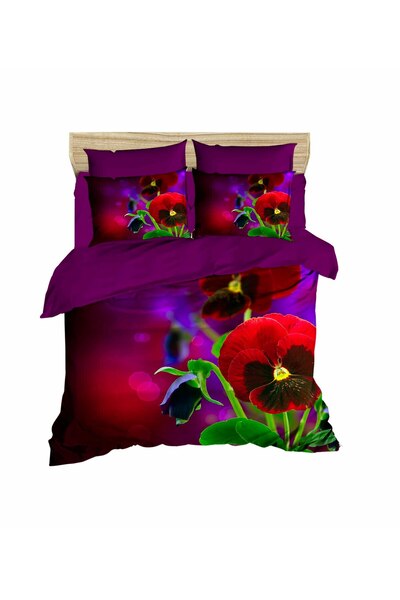 Fabeteks Red and Purple Flowers 3D Double Duvet Cover Pillow Set