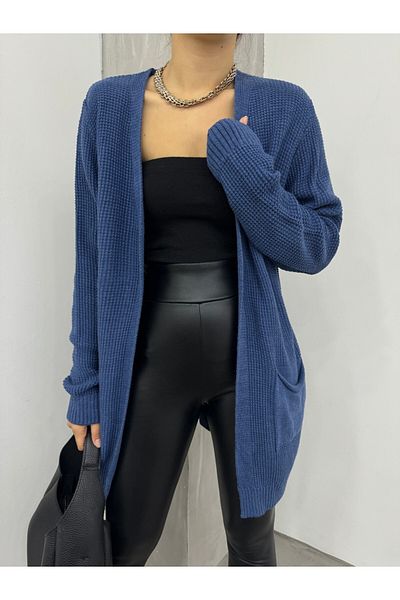 Modamorfo Lace-Up Solid Brass Knitted Sweater Cardigan - Indigo