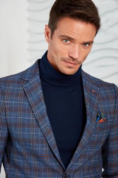 Mondo Mavi-kahverengi Ekoseli Ceket