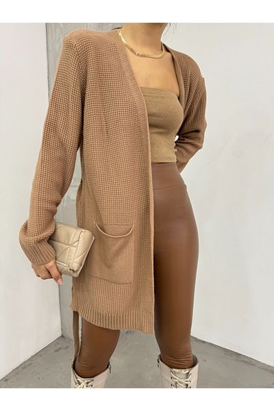 Modamorfo Solid Brass Knitted Sweater Cardigan - Lace-Up and Mink