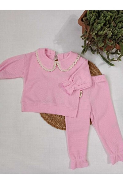 Necix's Dantel İşlemeli Bebe Yaka Kolu Lastikli Şeker Pembesi Kız Bebek Takım