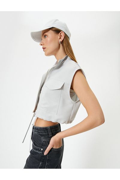 Koton Crop Vest Zippered Stand Collar with Flap Pockets