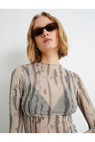 Koton Transparentes T-Shirt aus Tüll mit Batikmuster, lange Ärmel, Stehkragen