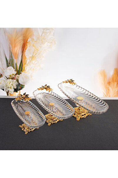 ARGKRİSTAL 3 BOY METAL AYAKLI OVAL SERVİS SUNUM TABAKLARI ÇİÇEKLİ KAYIK TABAK