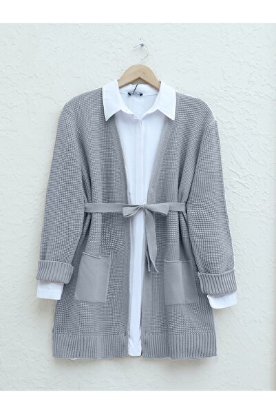 Modamorfo Lace-Up Solid Color Knitted Cardigan - Gray