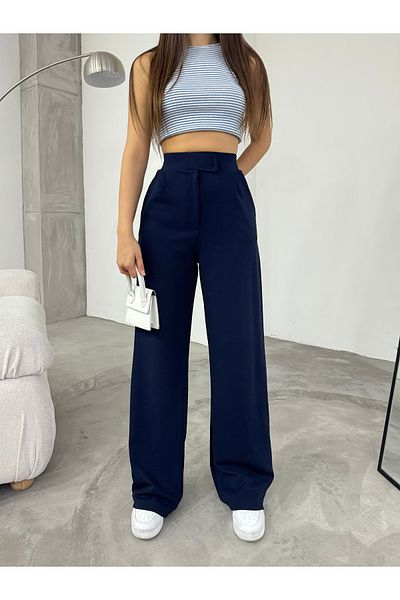 BİKELİFE Marineblaue Damen-Palazzo-Hose mit weitem Bein und Klettverschluss aus Lycra