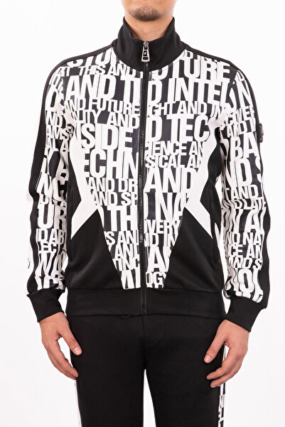 Mondo Siyah Beyaz Dijital Harf Baskılı Fermuarlı Dik Yaka Jogging Takımı