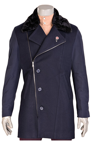 Mondo Lacivert Yakası Kürklü Fermuarlı Kaban