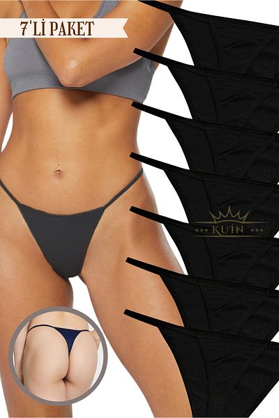KUIN Pack of 7 Rope Strap Cotton, Lycra Combed String Thong Black Panties