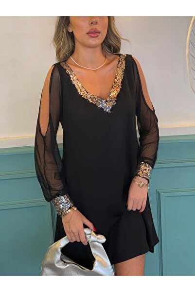 Kokosh moda Γυναικείο μαύρο μακρυμάνικο κοντό κρεπ φόρεμα με τούλι με σχισμή ...