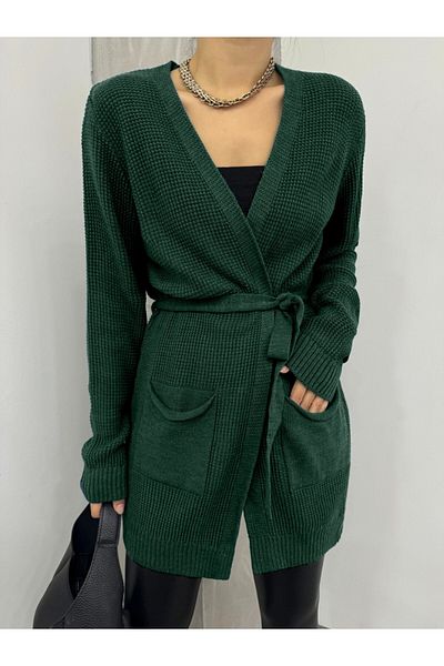 Modamorfo Solid Brass Knitted Sweater Cardigan - Lace-Up and Emerald