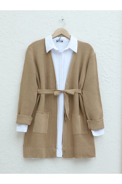 Modamorfo Lace-Up Solid Color Knitted Cardigan - Mink