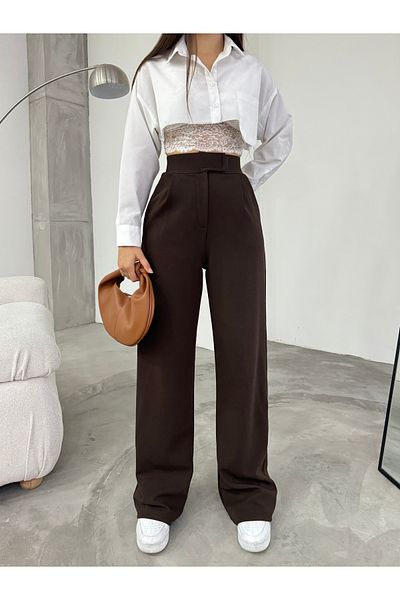 BİKELİFE Braune Lycra-Palazzo-Hose mit weitem Bein und Klettverschluss für Damen