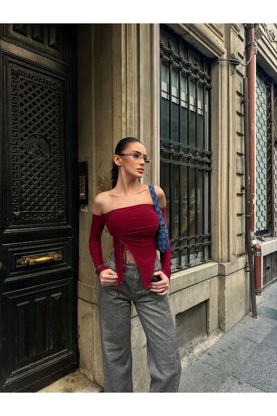 ALLEYTA Kadın Asimetrik Ön Büzgülü Uzun Kollu Straplez Yaka Crop Bluz