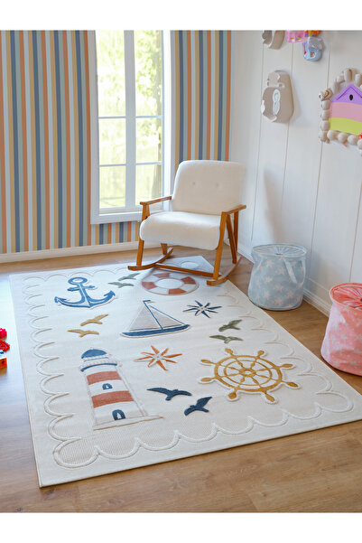 ESSENSE Halı Yumuşak  Pamuk Dokulu Gemici Deniz Fenerli Peluş  Çocuk Odası Be...