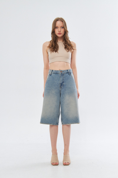 cracpot Yan Cep Detaylı Açık Mavi Tint Yıkamalı Denim Kot Şort Geniş Kesim Ba...