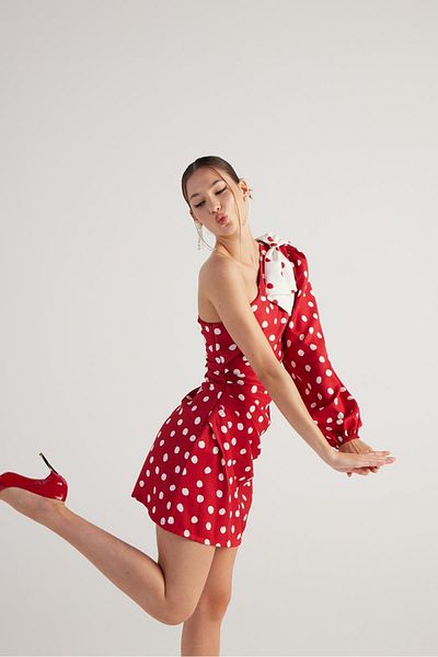 HOLLY LOLLY Red Single Sleeve Mini Polka Dress - Detachable Ribbon and Polka Dot Accessory