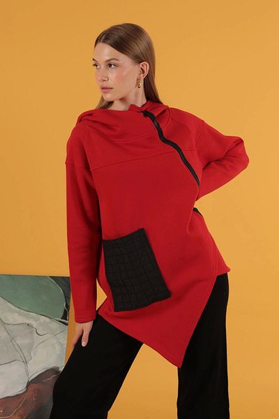 Lukas Red Women's Knitted Cardigan with Asymmetric Cut and Zipper - Three Thread