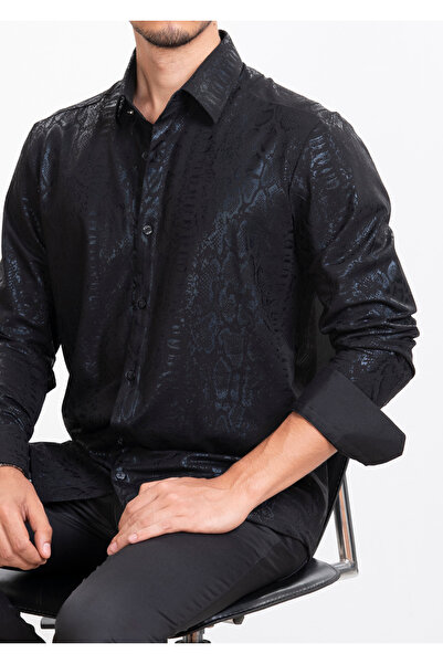 Mondo Parlak Yılan Desenli Siyah Gömlek
