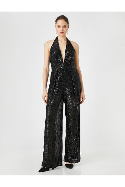 Koton Paillettenbesetzter Abendkleid-Overall, tief ausgeschnittener Rücken, tiefer V-Ausschnitt