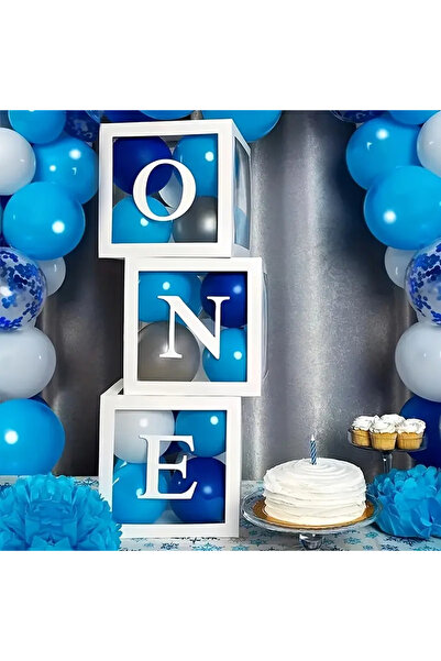 Parti Atölyesi ONE Yazılı Beyaz Şeffaf Balon Kutusu 25x25 CM Yapışkan Harfli