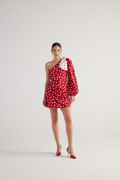 HOLLY LOLLY Red Single Sleeve Mini Polka Dress - Detachable Ribbon and Polka Dot Accessory