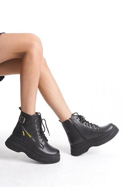 CZ London Kadın Kalın Taban Fermuar Detaylı Günlük Bot Bağcıklı ve Fermuarlı Kışlık Bot