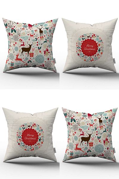 Cango Home Red Multicolored New Year Themed Set of 4 Throw Pillow Cases St-4Kmbs161