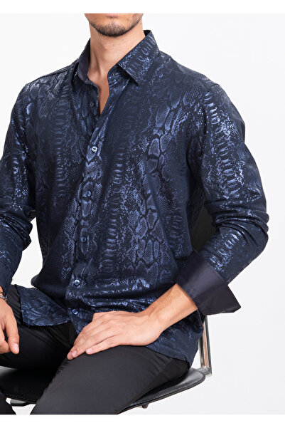 Mondo Parlak Yılan Desenli Lacivert Gömlek