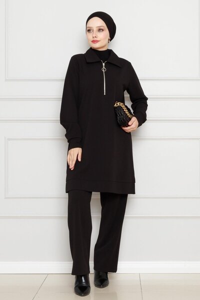 Sevitli Λεπτομερές διπλό κοστούμι με φερμουάρ στο γιακά-Μαύρο