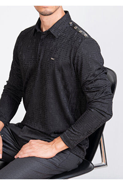Mondo Kuş Gözü Detaylı Polo Yaka Siyah Sweatshirt