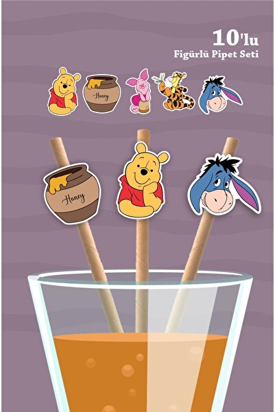 neşeli günlerim Winnie the Pooh Temalı Doğum Günü 10'lu Figürlü Pipet Seti