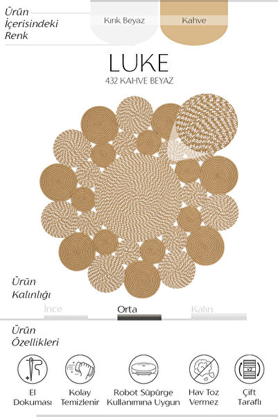 Cool Halı Luke 432 Kahve Beyaz Yuvarlak Halı Dekoratif Antre Hol Halısı Hasır Balkon Halısı Banyo Halısı