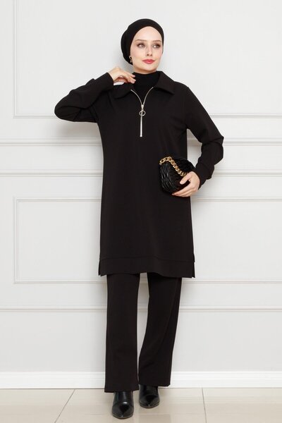 Sevitli Λεπτομερές διπλό κοστούμι με φερμουάρ στο γιακά-Μαύρο