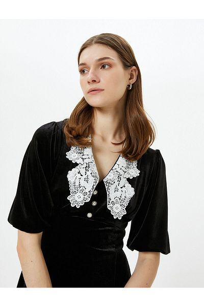 Koton Rochie midi din catifea cu nasturi din dantela aspect vintage