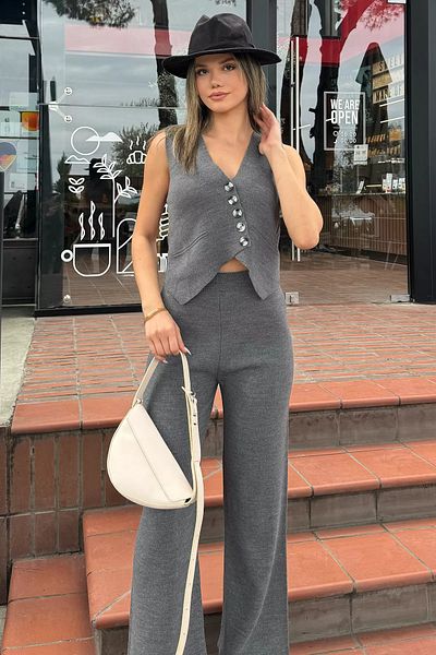 GÜLSELİ Knitwear Dark Gray Vest and Trousers Set