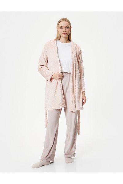 Koton Strukturierter Fleece-Bademantel mit Taillengürtel