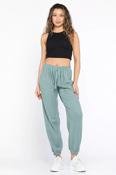 GÜLSELİ Mint Ribbed Elastic Trousers