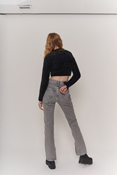 HOLLY LOLLY Lycra-Free High Waist Straight Cut Toll Jean Trousers Gray
