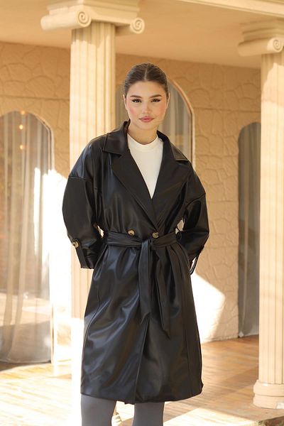 Rays 7327A Faux Leather Trench Coat with Button Detail Belt Black