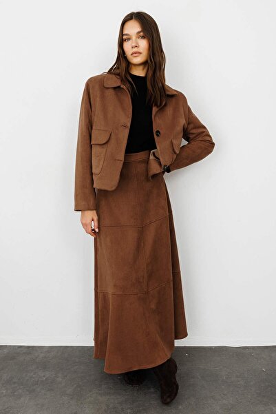 Hooopstore Suede Leather Midi Coffee Jacket