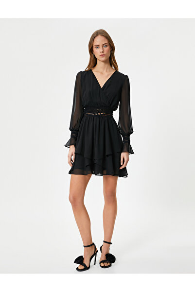 Koton Μίνι φόρεμα από τούλι με διπλό γιακά με βελονάκι με λεπτομέρεια με μακρυμάνικη επένδυση