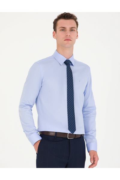 Pierre Cardin Koyu Mavi Parlak Saten Slim Fit Uzun Kollu Basic Gömlek 50277147-VR032