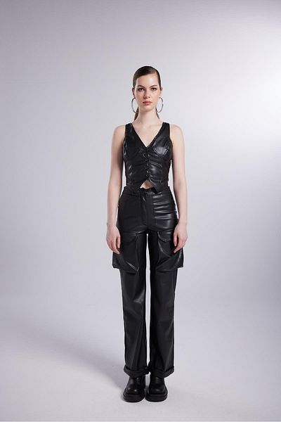 HOLLY LOLLY Vegan Hera Leather Trousers with Cargo Pockets Black