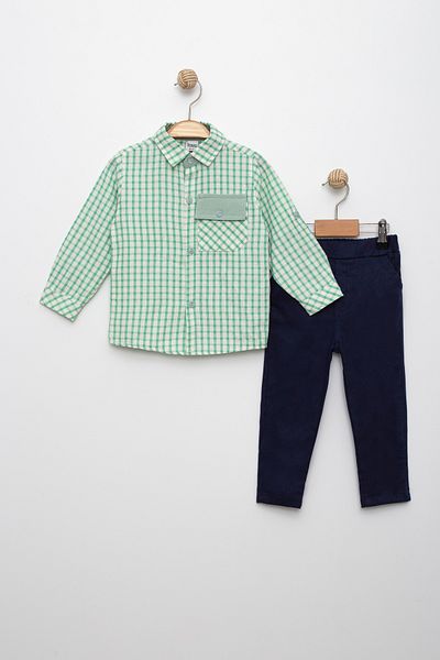 Favo Kids Boys 2-5 Years Old Cotton Linen Gabardine Checked Shirt Pants Set