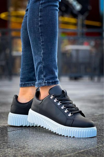 BPM BA0505 Pantofi casual cu șireturi cu cârlig, culoare neagră, cu talpă albă