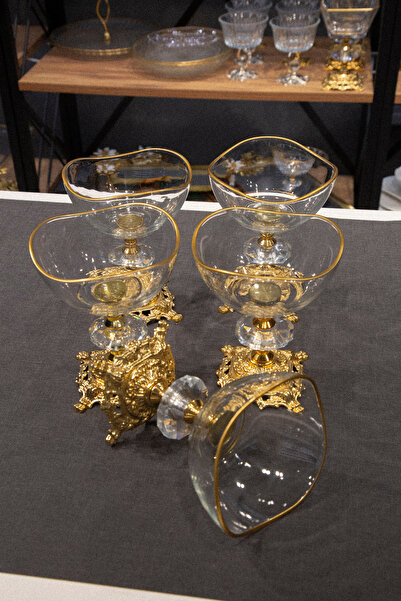 ARGKRİSTAL METAL AYAKLI VİRA GOLD DETAYLI SÜTLÜ TATLI KASESİ - DONDURMALIK - ÇEREZLİK 6 LI