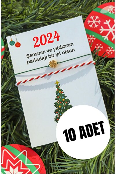 H Heroplez Yılbaşı Bilekliği 10 Adet Yenil Yıl Hediyesi Yonca Yeşil Ipli Şans...