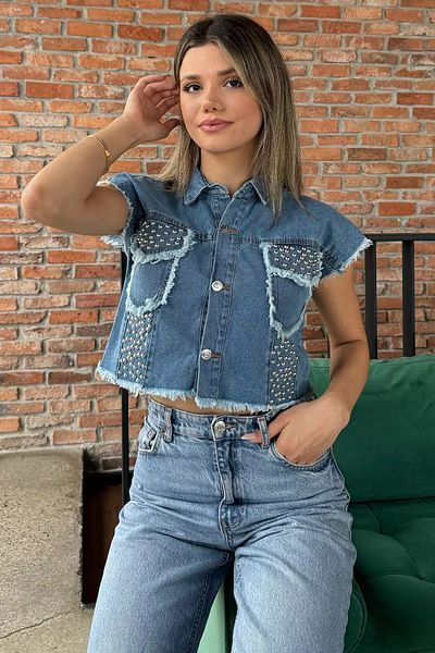 GÜLSELİ Vestă de blugi de damă albastră cu ciucuri cu împrejmuire